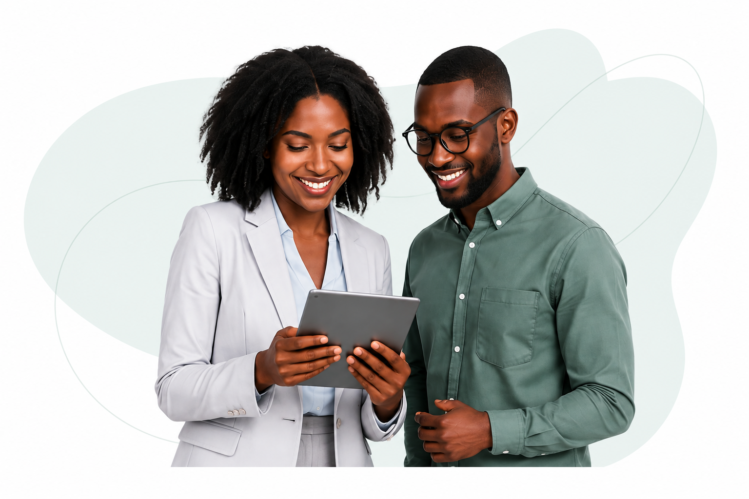 Two professionals reviewing an application on a tablet